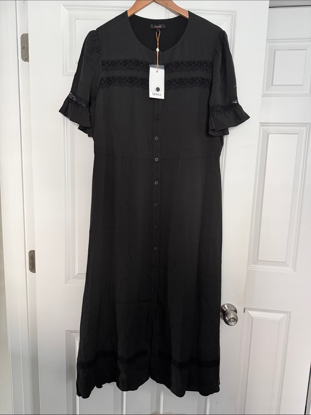 NWT Quince Lightweight Crepe Lace Inset Midi Dress Black Large NEW - Picture 2 of 13
